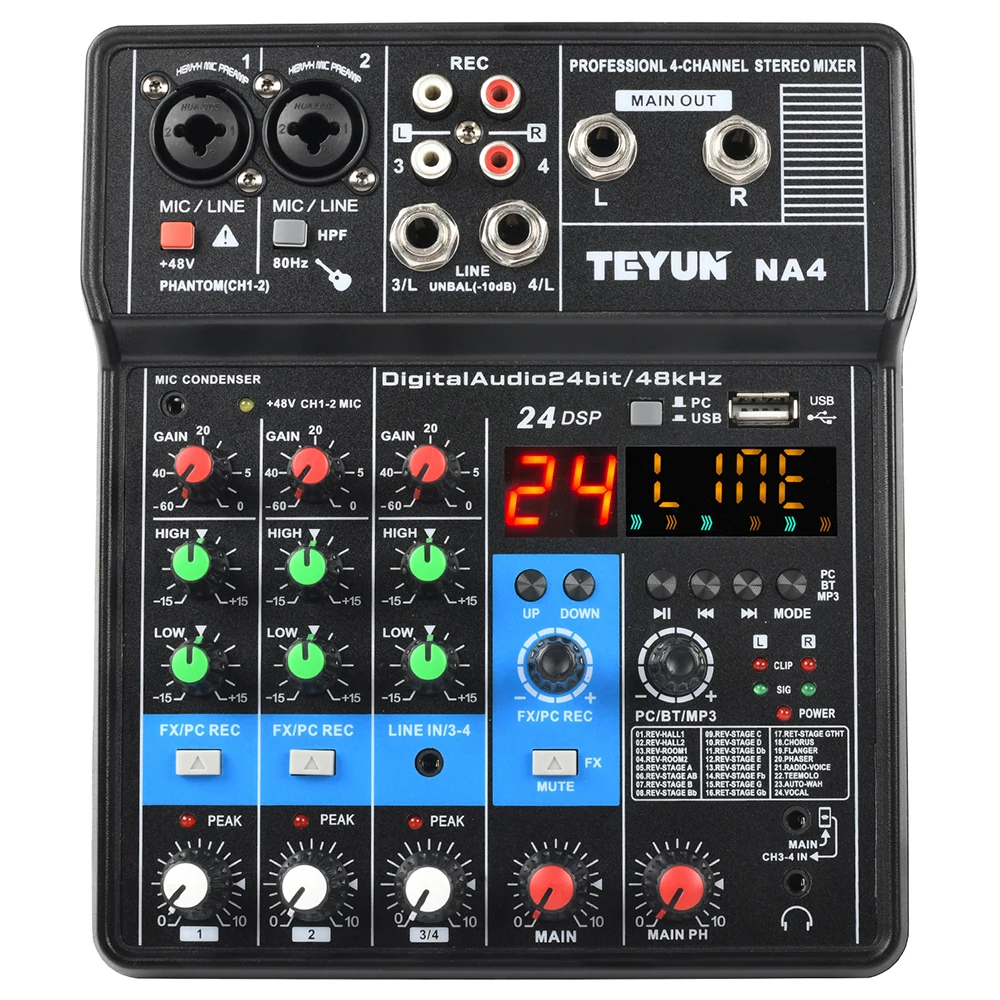 TEYUN Console de mixagem de som portátil profissional de 4 canais Entrada de computador Alimentação