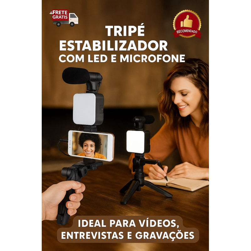 Tripé Estabilizador de Mão c/ LED, Microfone e Controle Bluetooth p/ Celular Gravação Vlog Live