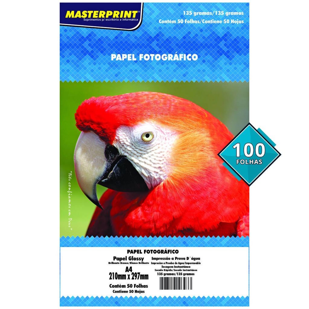 Papel Fotográfico Glossy 135g A4 Branco Brilhante Masterprint com 100 Folhas
