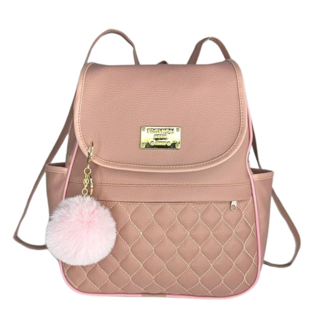 Bolsa Mochila Feminina de Costas Courino Elegante com  Alças Reguláveis + Pom Pom