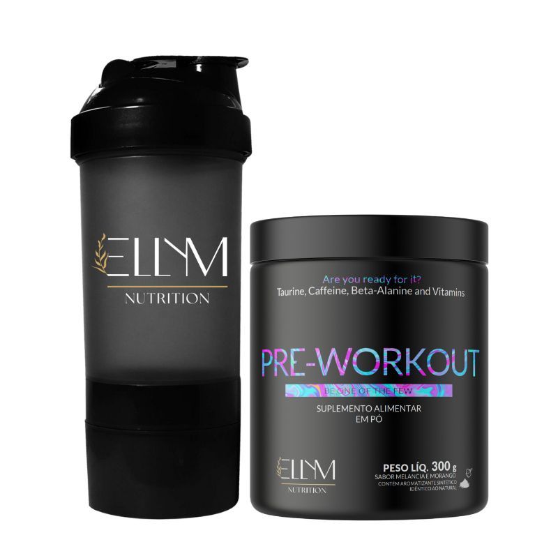 Kit Pré Treino 300g  + Coqueteleira 500ml Completa Ellym Nutrition Suplemento Energia