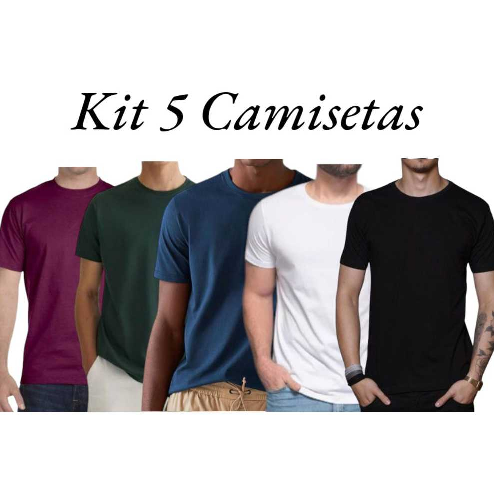 Kit 5 Camiseta Masculina Manga Curta Silk Sublimação Preto Branco Bordo Verde Marinho