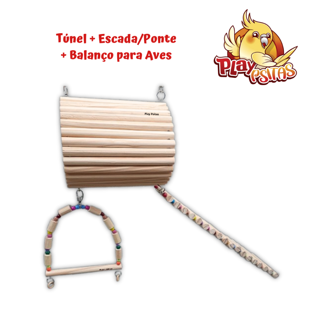 Playground para Aves Play Psitas – Túnel + Escada + Balanço em Madeira Pinus. Ideal para aves de peq