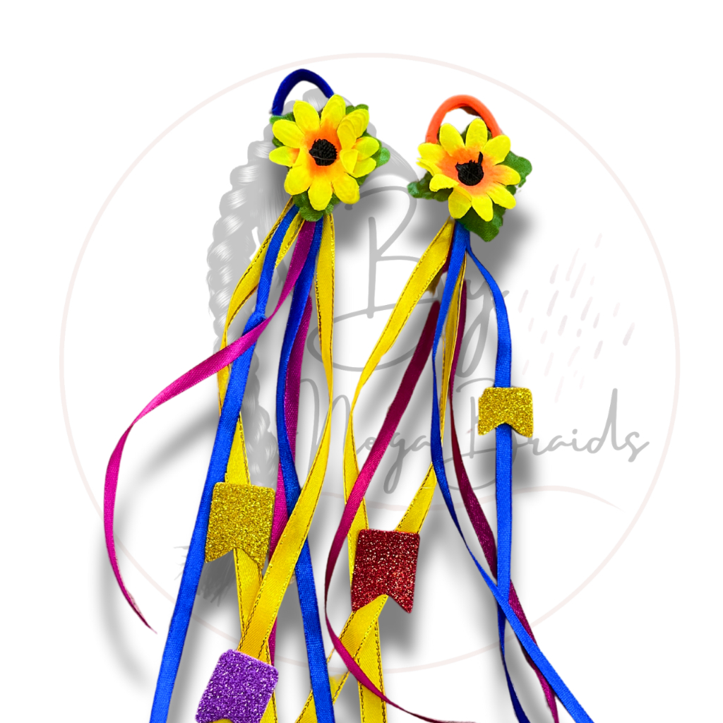 Xuxinha de Cabelo Festa Junina Girassol C/ Fita Colorida, xuxa de cabelo com fitas, fita colorida