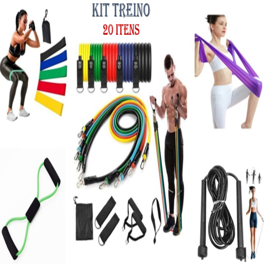 Kit 20 Itens Treino em Casa: Elásticos Extensor + Mini Band + Thera Band + Corda De Pular + Guia de