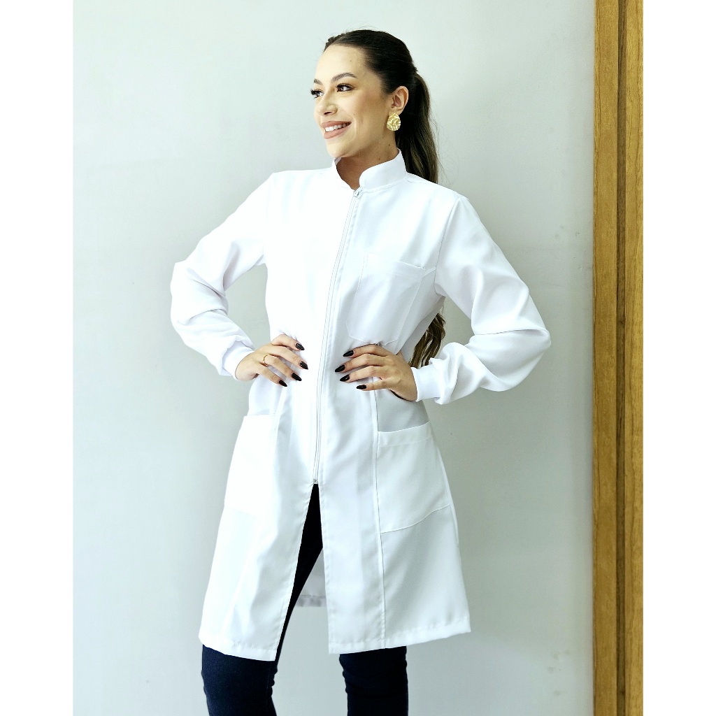 Jaleco Feminino Oxford Branco, Ziper, Gola Padre, Elástico Punho, Acinturado, Manga Longa, Bolsos