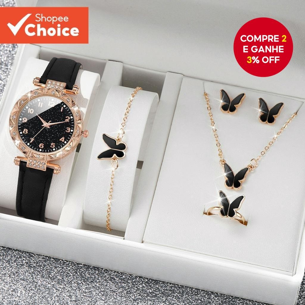 Elegante Simulado Zircão Dial Pulseira De Couro Relógio De Quartzo Borboleta Conjunto De Jóias Para