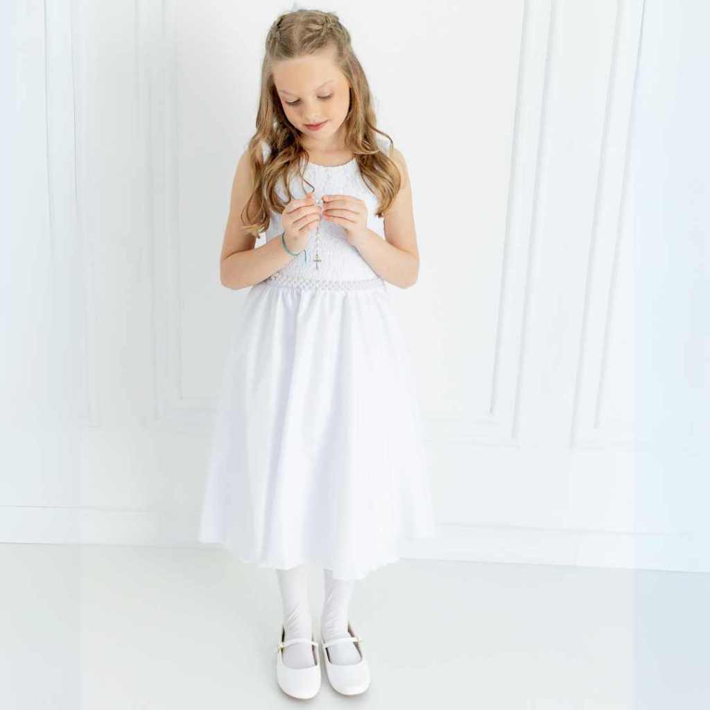 Vestido Midi Branco Dama de Honra Daminha Infantil  Batizado Florista Primeira Comunhão REF3965