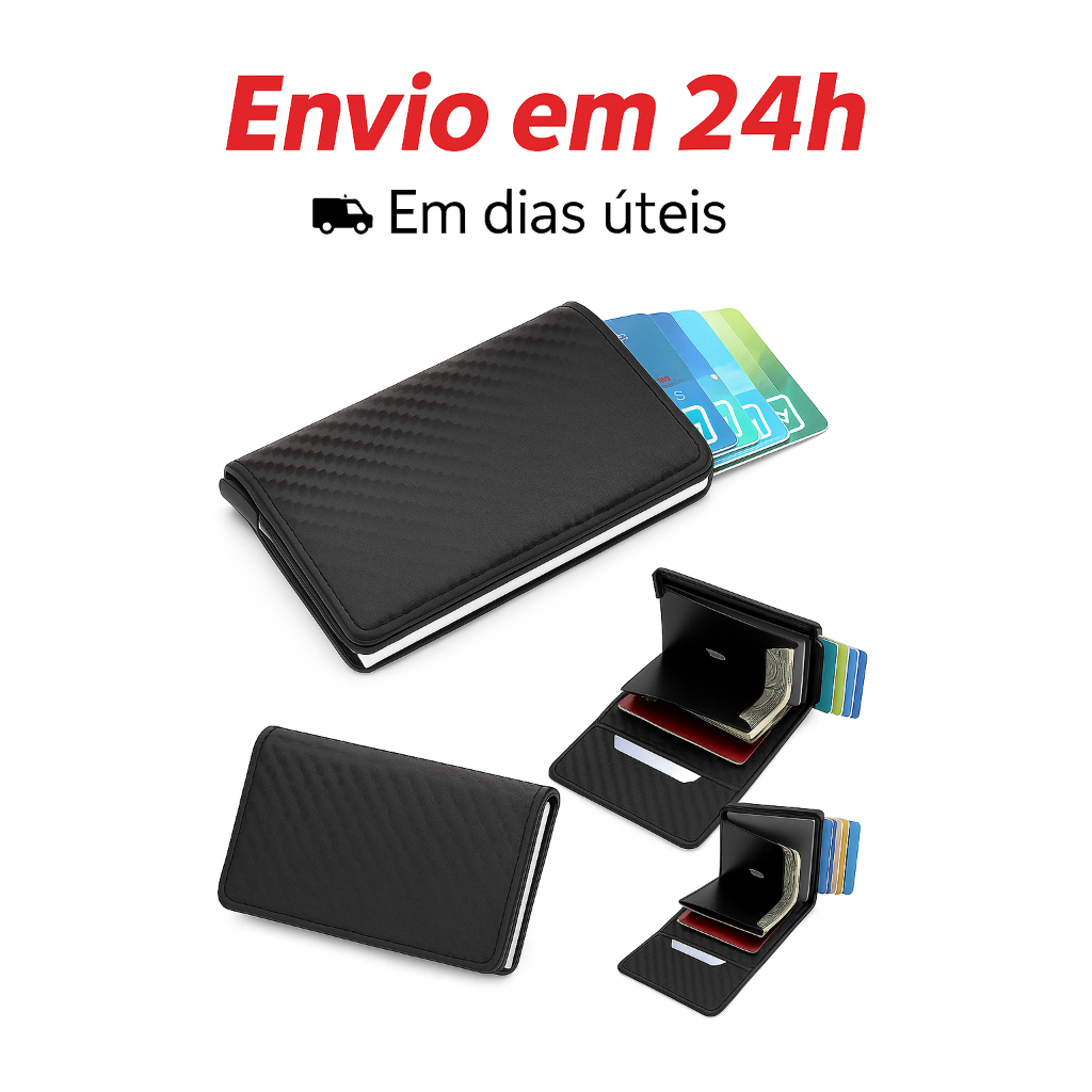 Carteira Ejetora Automática Slim Fibra De Carbono couro Anti Furto Proteção Porta Cartões