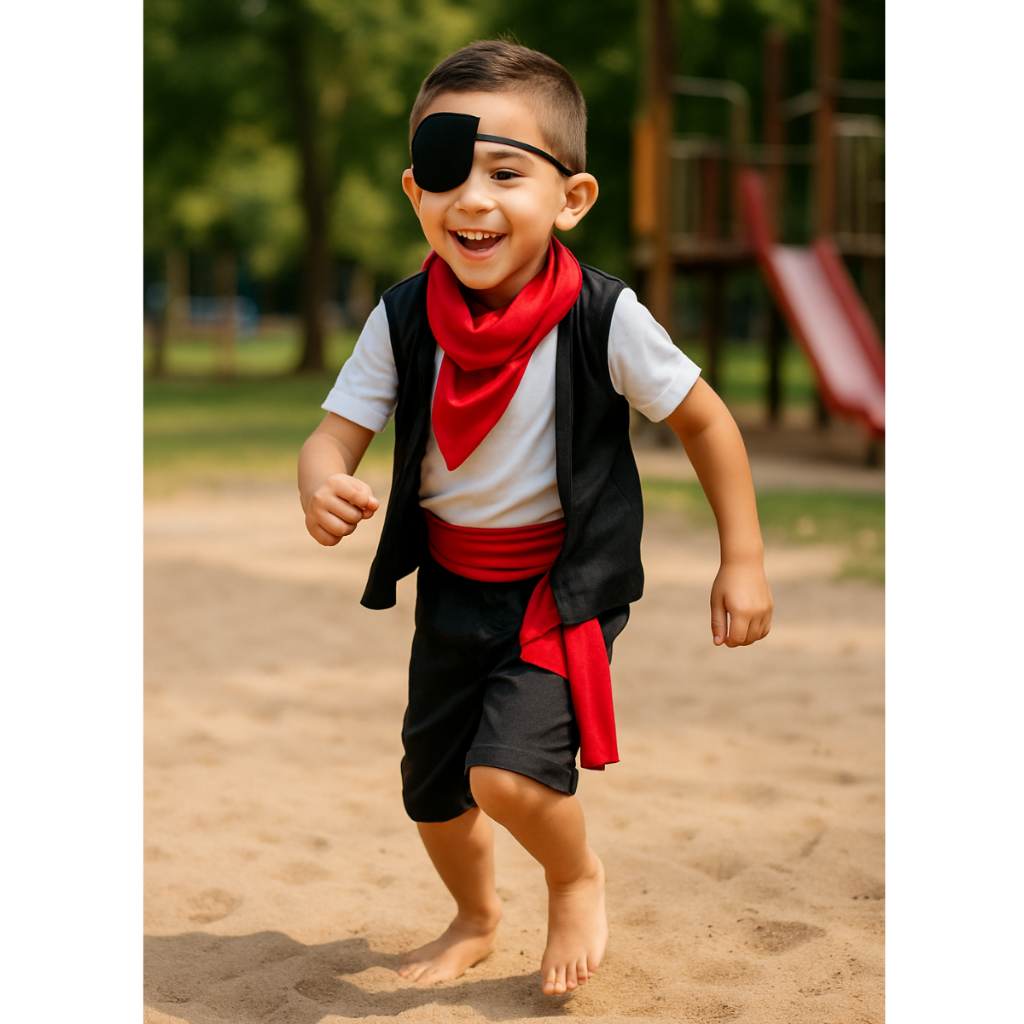 Fantasia Infantil Pirata Completa Bandana Tapa Olho Bermuda Colete Camisa Festa Halloween Evento