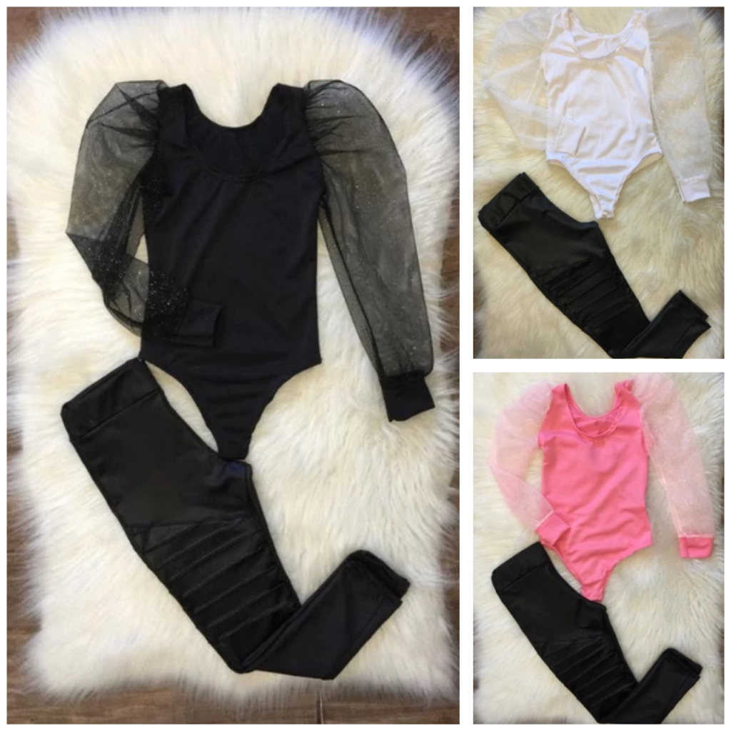 Conjunto Infantil Menina Body Manga Longa Tule Com Brilho Calça Legging Tratorada Super Elegante