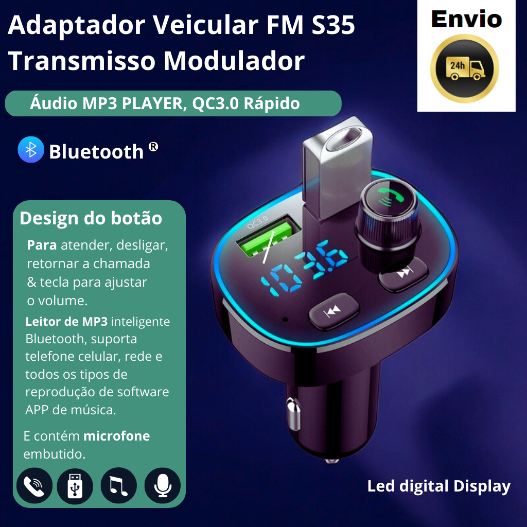 ADAPTADOR VEICULAR FM S35 TRANSMISSOR MODULADOR BLUETOOTH 5.0 ÁUDIO MP3 PLAYER, QC3.0 RÁPIDO