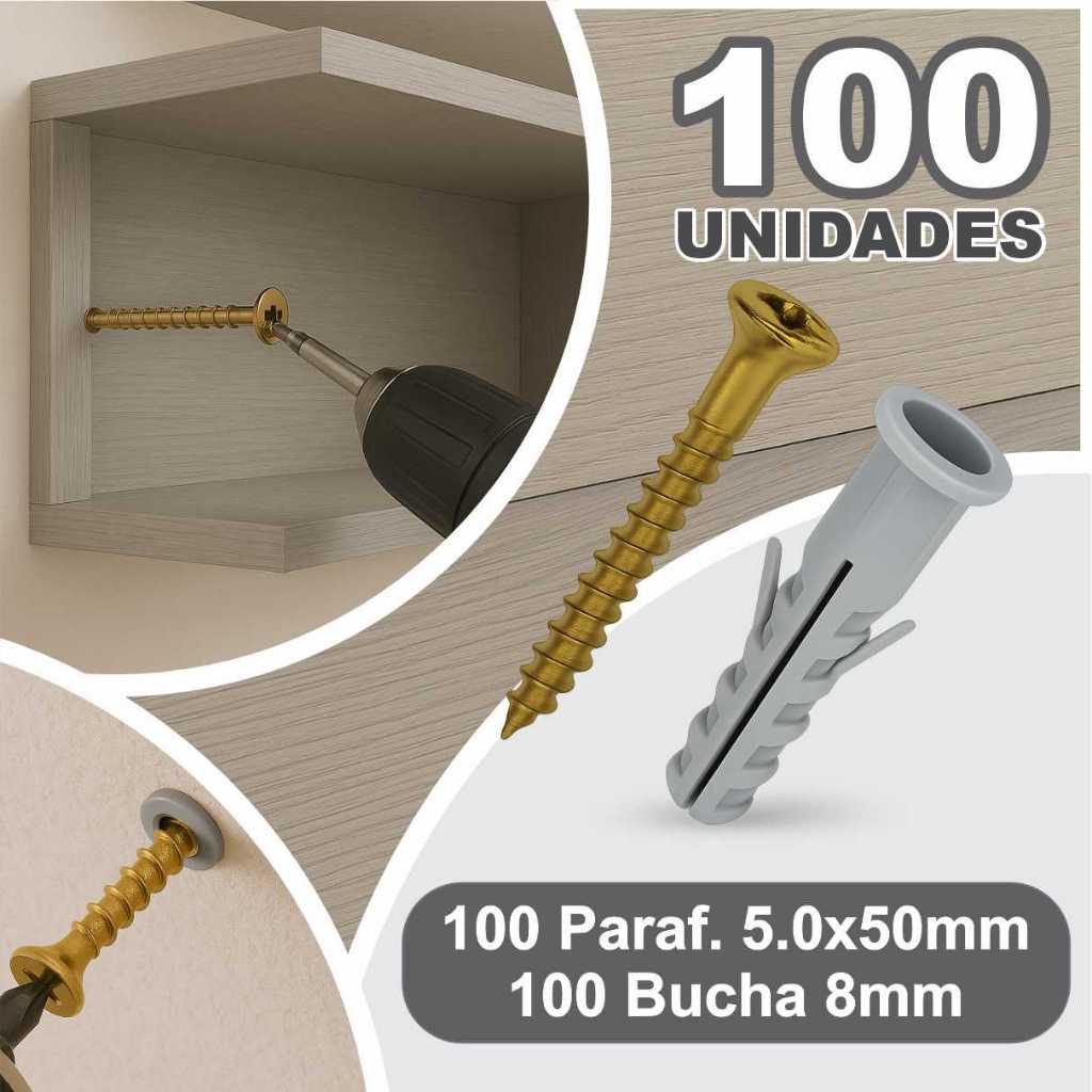 Kit Parafuso Philips 5,0 X 50mm + Bucha 8mm C/ Anel 100un