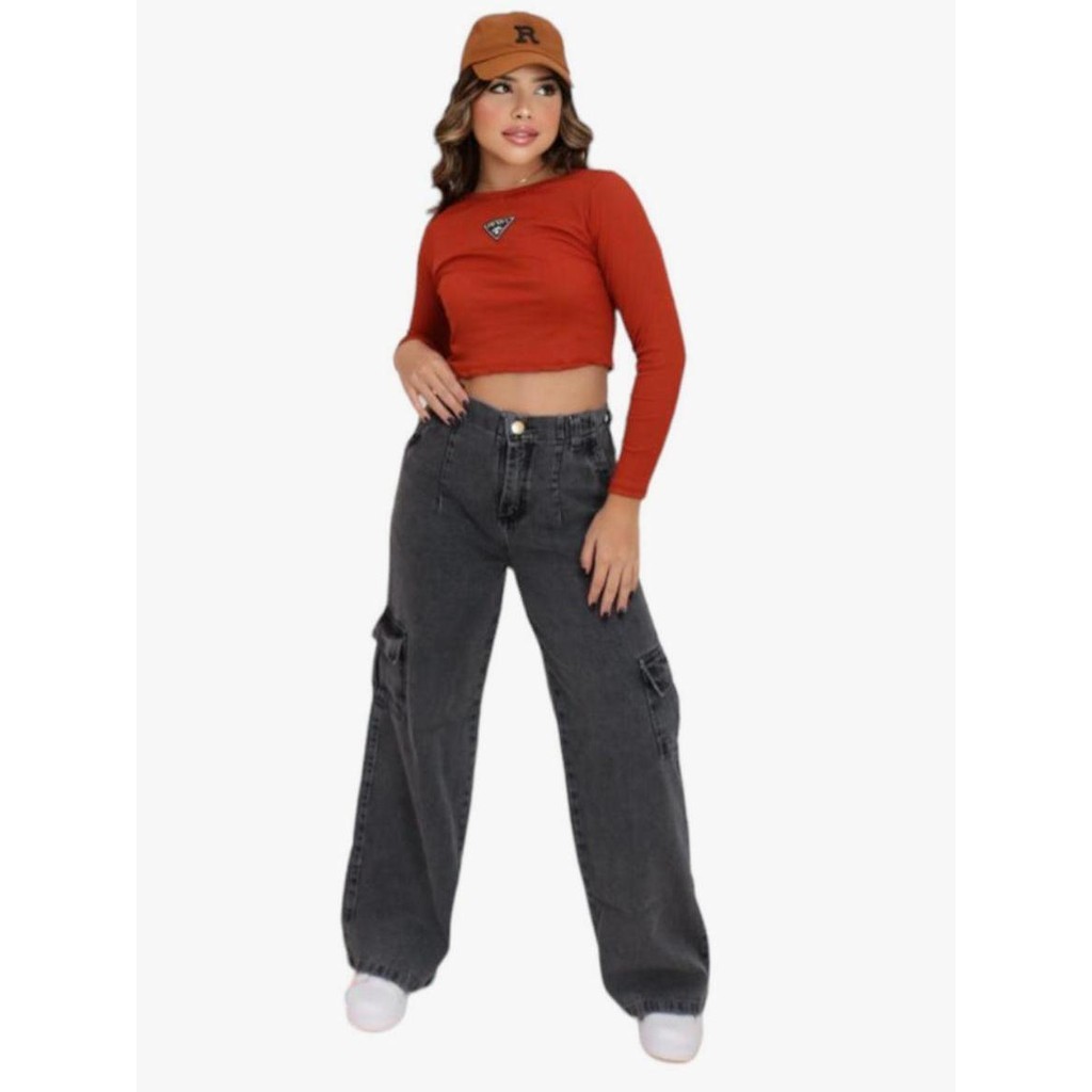 Calça Wid Leg Cargo Infantil Juvenil Jeans feminina Grafite tendencia Larga Bolso Lateral Sem lycra