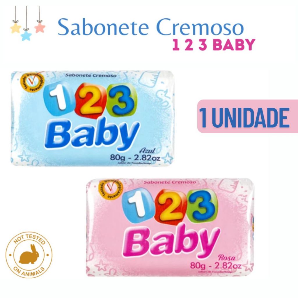 Sabonete Cremoso 1 2 3 Baby  Infantil 80g Pele Sensível  Testado Dermatologicamente