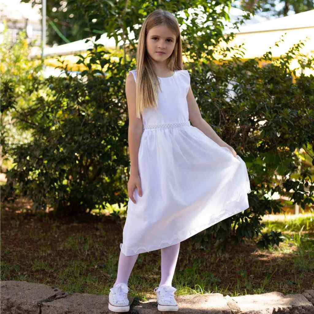 Vestido Midi Branco infantil Batizado Festa Aniversario Dama honra Casamento Florista REF2244