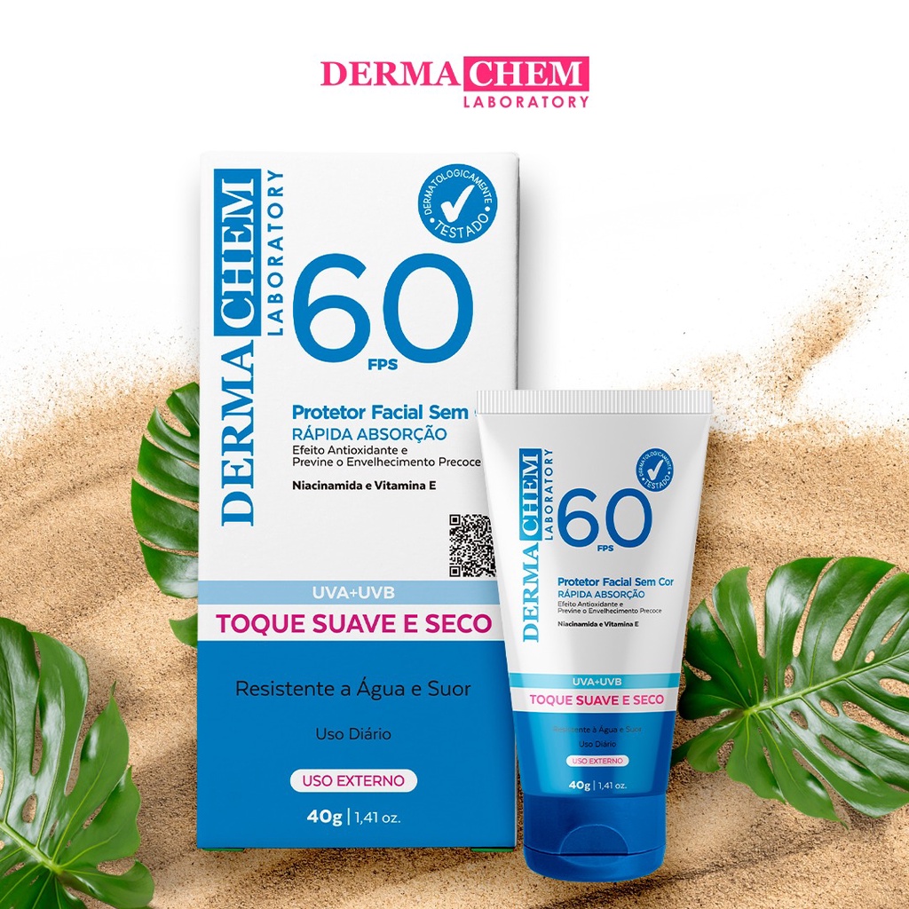 Protetor Solar Rosto FPS 60 sem cor 40g – Dermachem