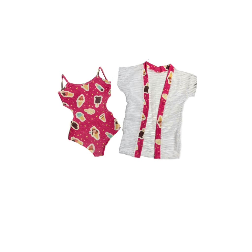 Kit Maiô Estampa Sorvete Kimono Saída de Praia Moda Verão Infantil Roupas de Praia Piscina e Praia M