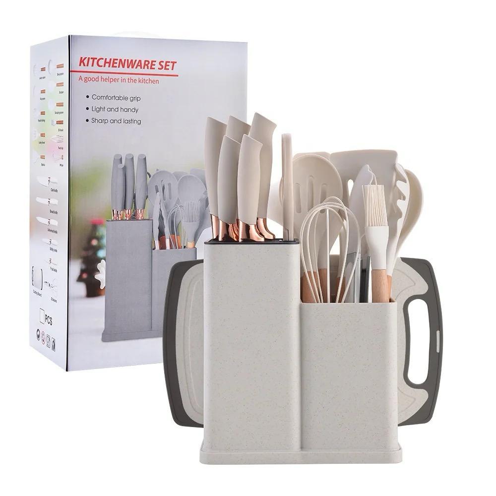 Kit Completo 19 Peças Utensílios Luxo De Silicone Jogo Cozinha Com Tábua Faca Tesoura Espátula