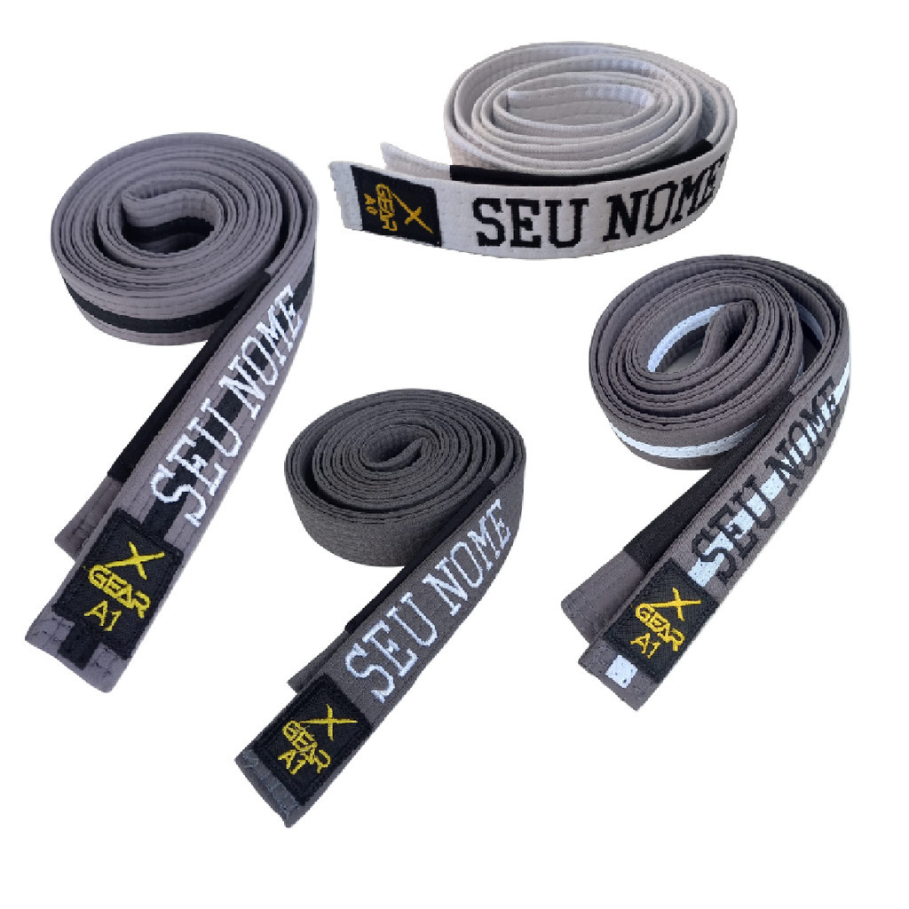 Faixa Infantil Jiu Jitsu Xgear com nome Bordado Branca/Cinza