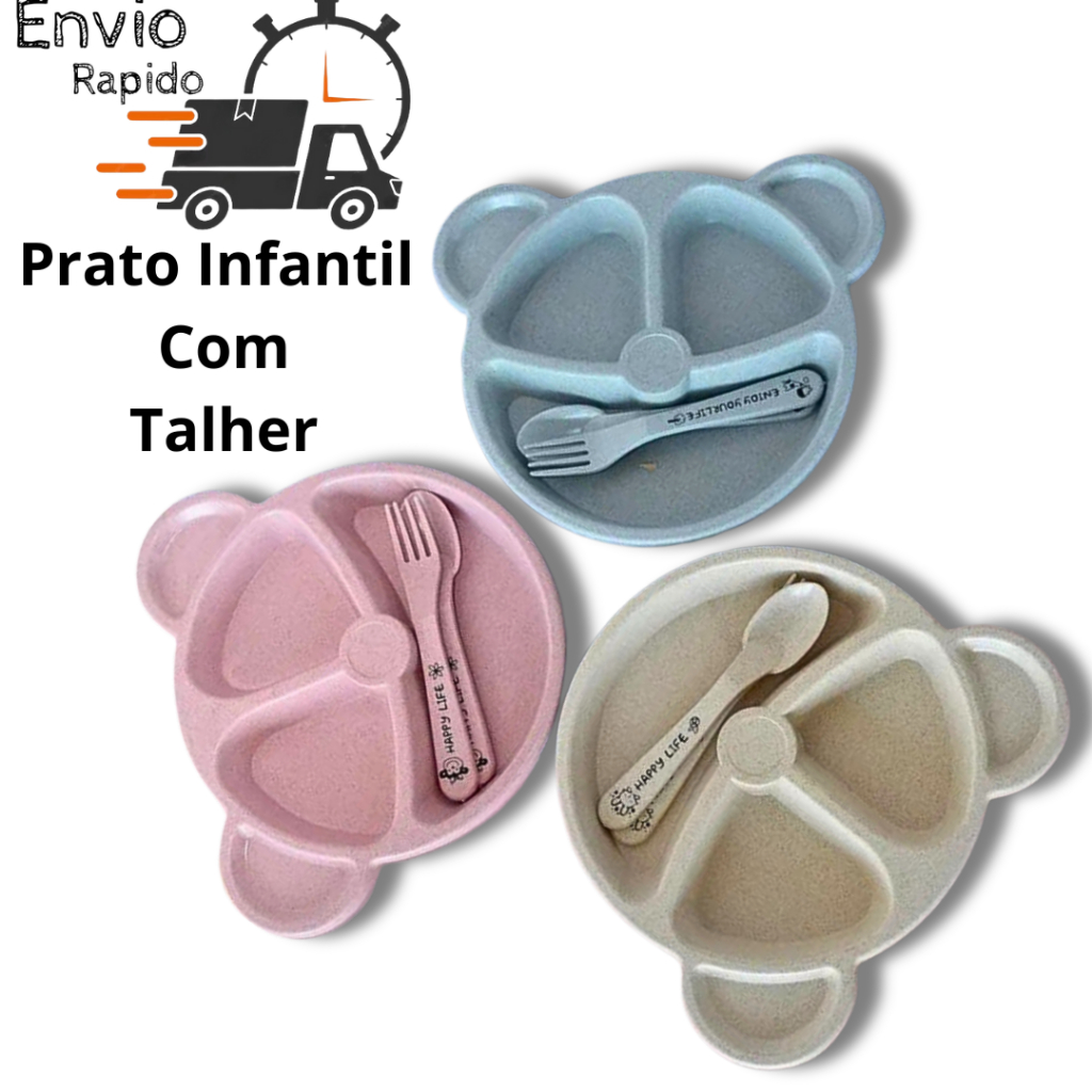 prato infantil  urso com Divisórias + talheres papinha criança pratinho de urso introduçao alimentar