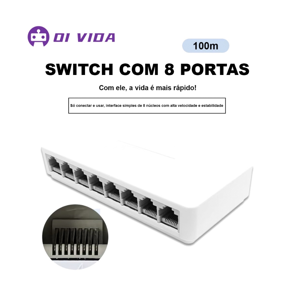 Switch Roteador de Rede 8 Portas 10/100Mbps RJ45 com LED Plug and Play Alta Velocidade