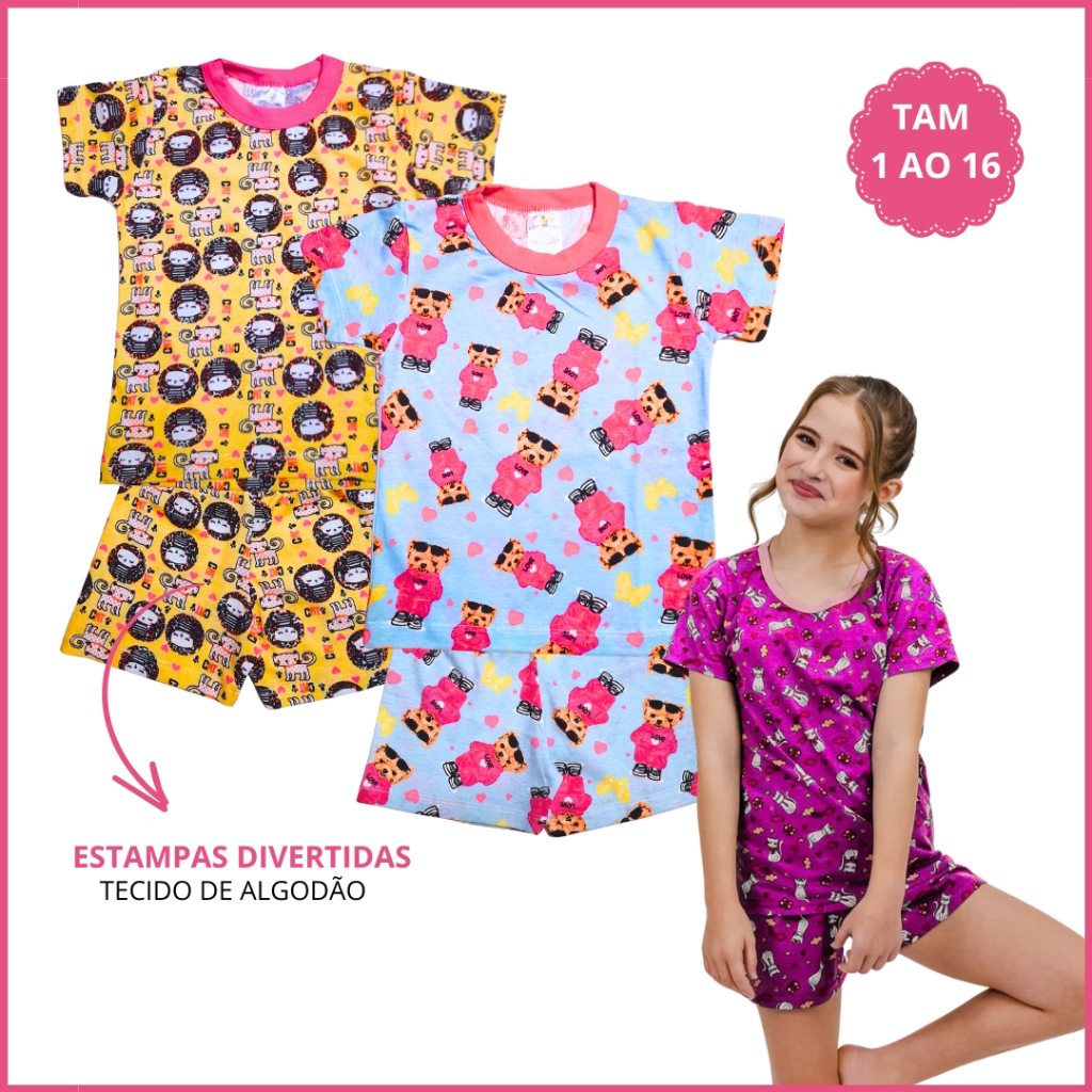 Kit 4 Peças Pijamas Infantis Verão Menina e Bebê Confortável em Algodão 2 Camiseta 2 Bermuda 1 ao 16