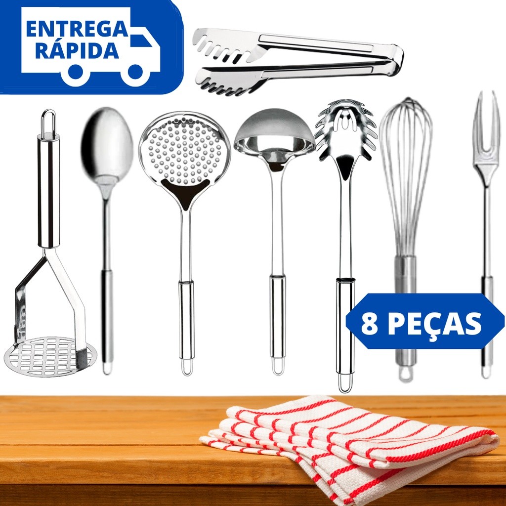 Kit Utensílios de Cozinha 8 Peças 100% Aço Inox Kit Talheres Com Amassador de Batatas