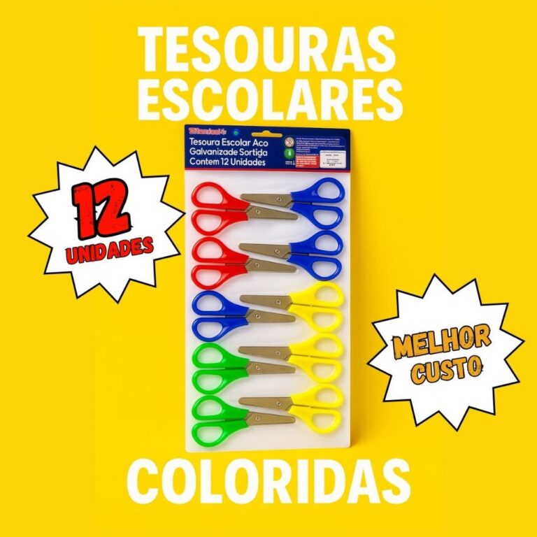 KIT 12 Tesoura Escolar De Aço Inox Com Ponta Arre