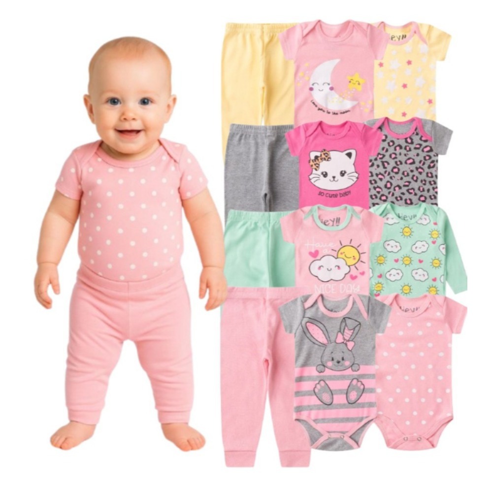 Kit Body Bebê 3 Peças Trijunto Menina do RN ao GG  Body Manga Curta e Manga Comprida e Calça – L2