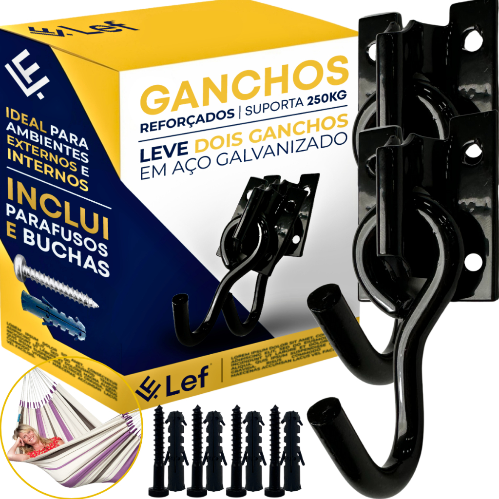 Kit Gancho Rede Descanso Lef Parede Não Enferruja Reforçado E Robusto 3/8 250kg
