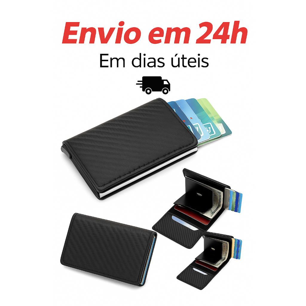 Carteira Ejetora Automática Slim Fibra De Carbono  Anti Furto Proteção Cartões Mágica Triplo Couro
