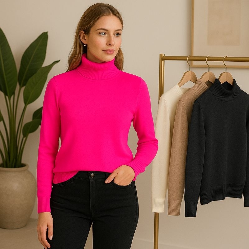 Blusa Cacharrel Feminina de Tricot Gola Alta Suéter de Inverno