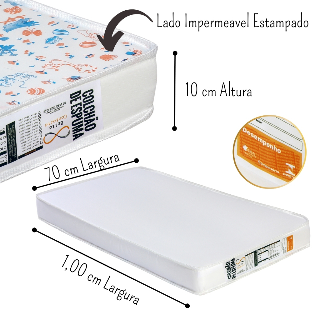 Colchão Bebe para Berço desmontavel chiqueirinho com lado impermeavel 100x70x10 Bello Conforto