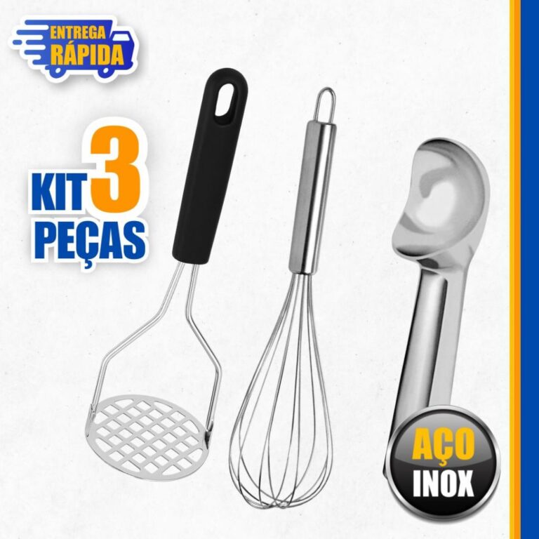 KIT 3 Peças Amassador de Batata Batedor de Claras