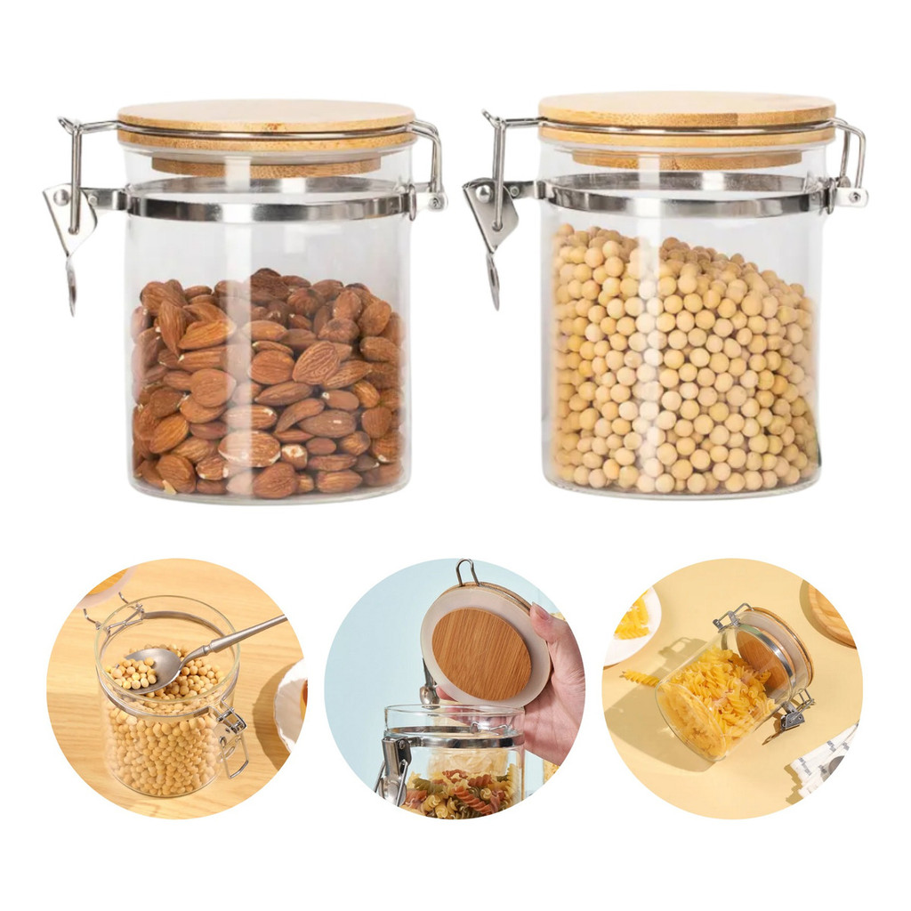Kit Conjunto 2 Potes Vidro Hermético 750ml Tampa De Bambu com Trava Inox Porta Mantimentos Armazenam
