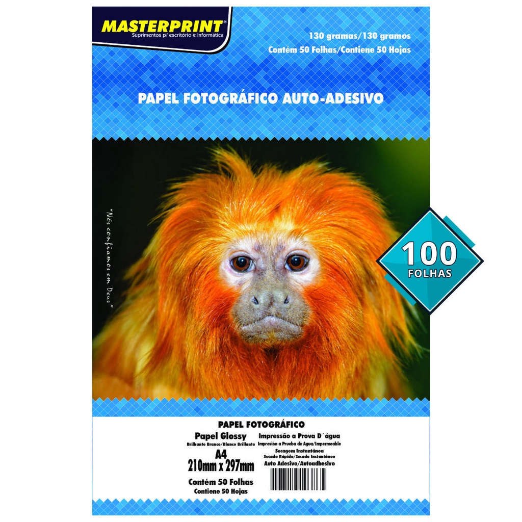 Papel Glossy Adesivo 130g A4 Fotográfico Branco Brilhante Masterprint com 100 folhas