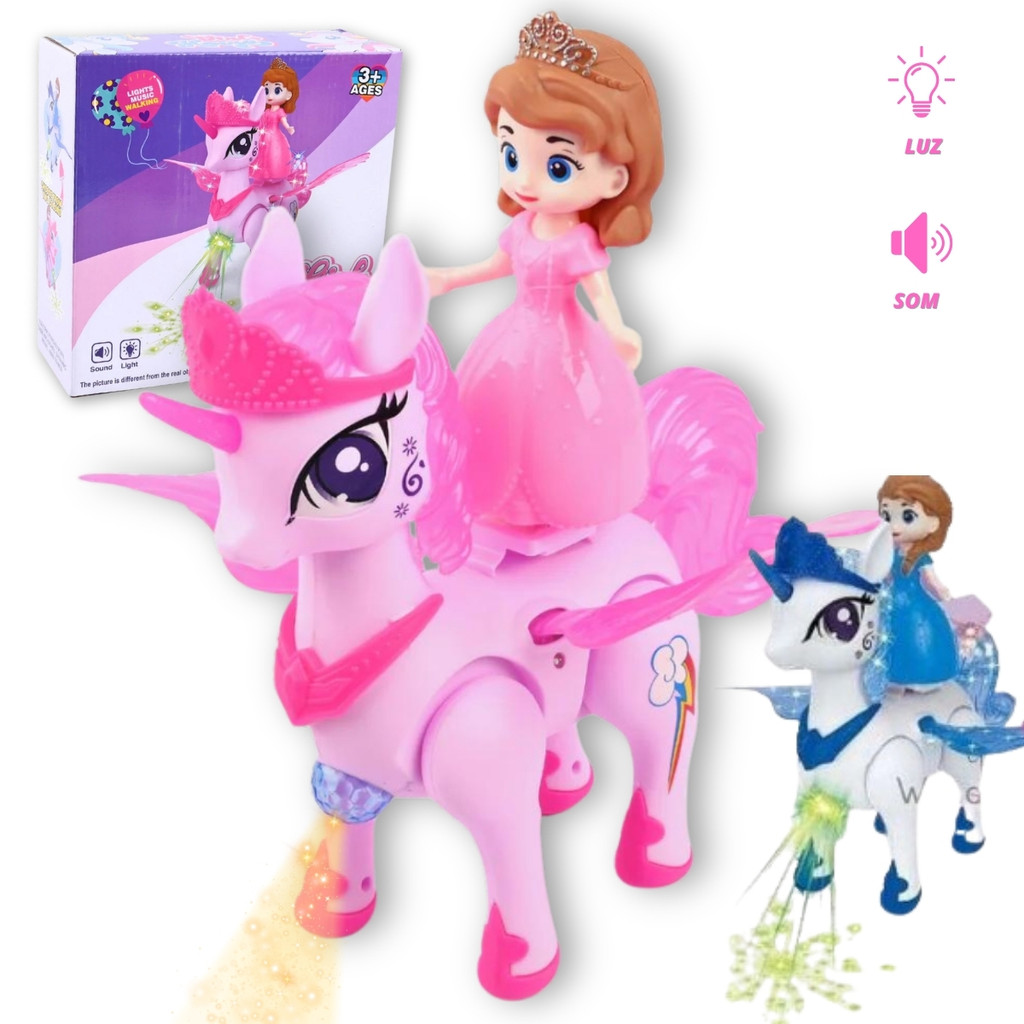 Brinquedo Boneca Princesa E Unicórnio Anda Com Luz Som