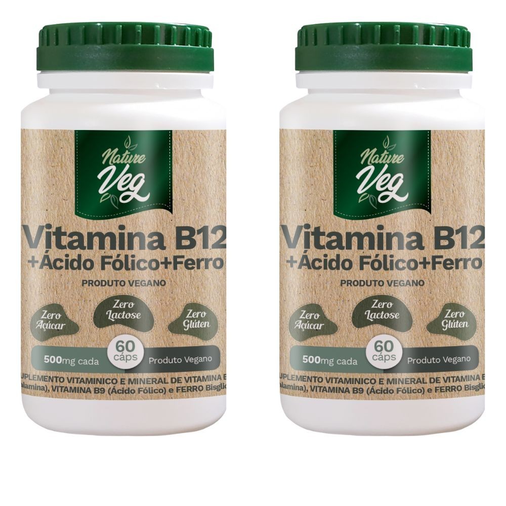 Kit 2 Vitamina B12 + Ácido Fólico + Ferro (Produto Vegano) em Cápsula 60 Cáps – Nature Veg