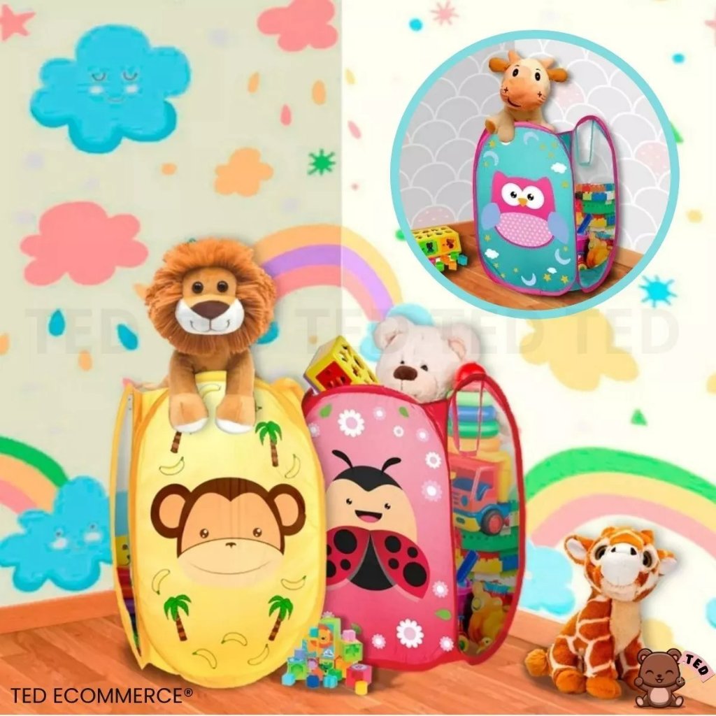 Cesto Dobrável Infantil para Brinquedos e Roupas Personagens Tela Resistente 50cm