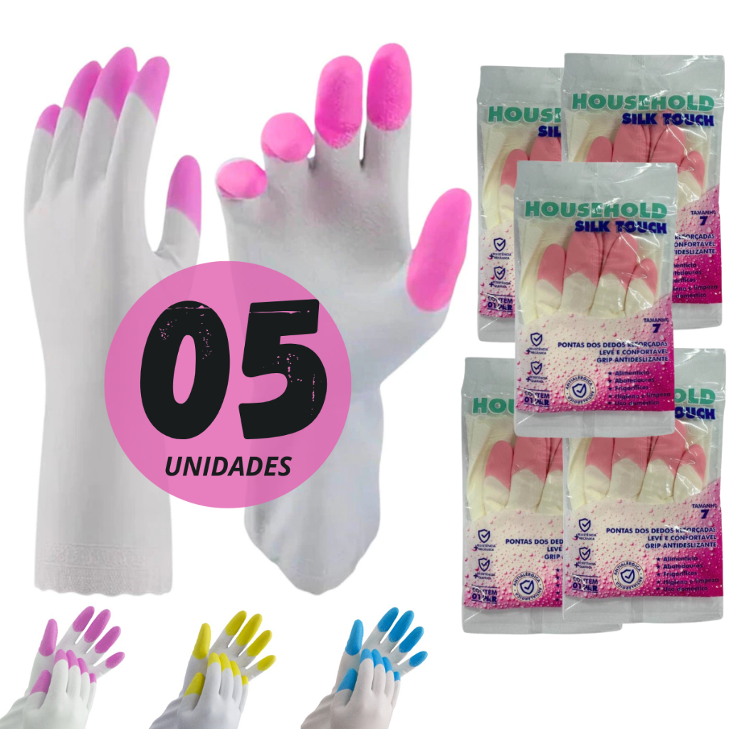 05 Pares De Luva de limpeza Household Antialérgica Grip Antideslizante Pontas dos Dedos Reforçadas