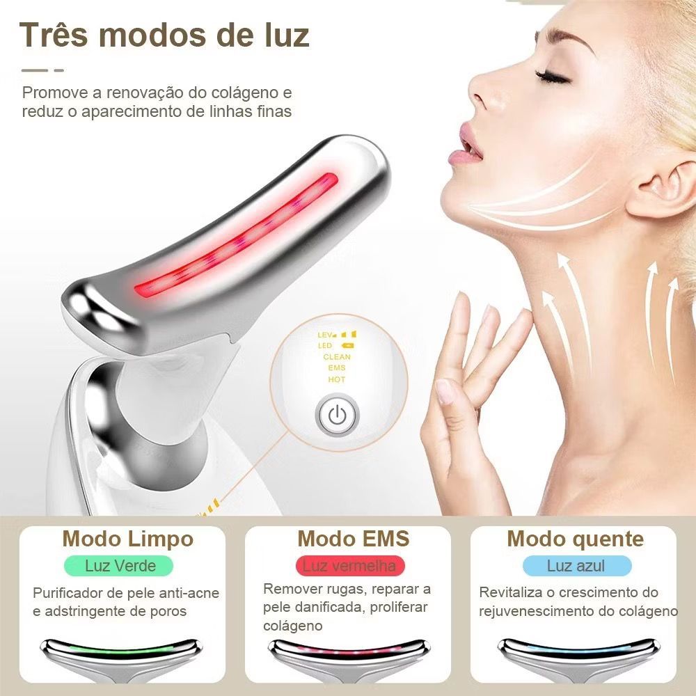 Massageador De Pescoço e Rosto LED  Vermelha/Azul/Verde – Redução Rugas e Estímulo Colágeno Facial