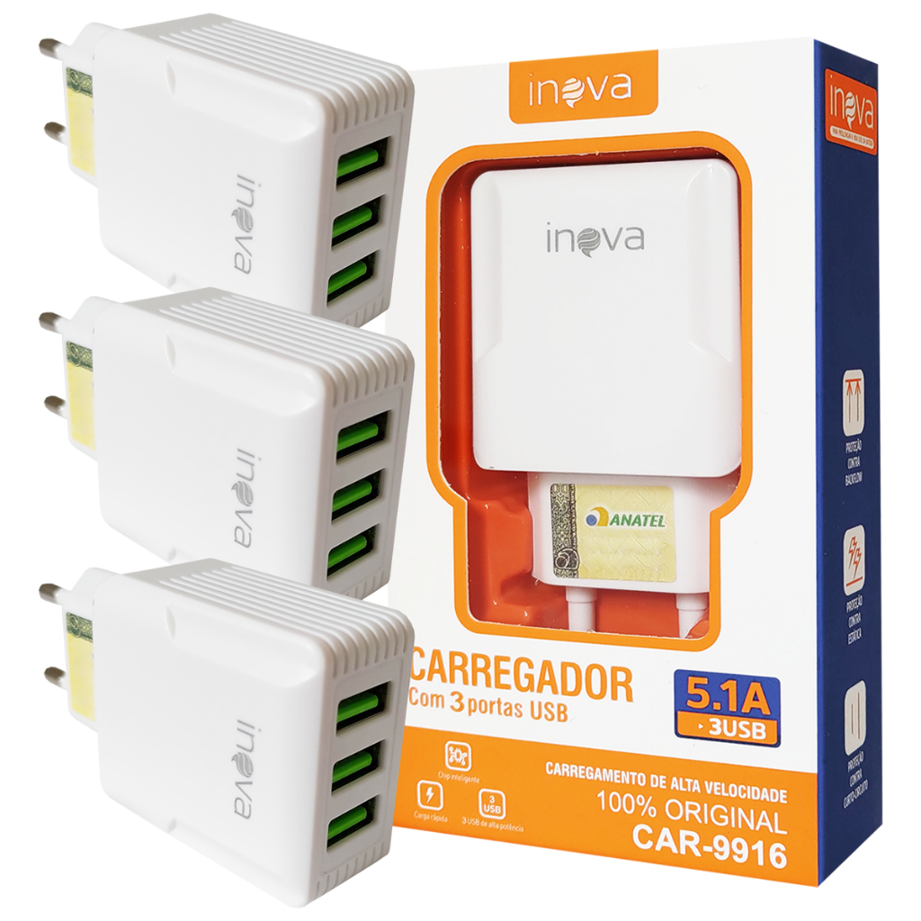 Fonte Inova 3 Entradas USB Adaptador de Carregador para Celular Rápido Original Inova
