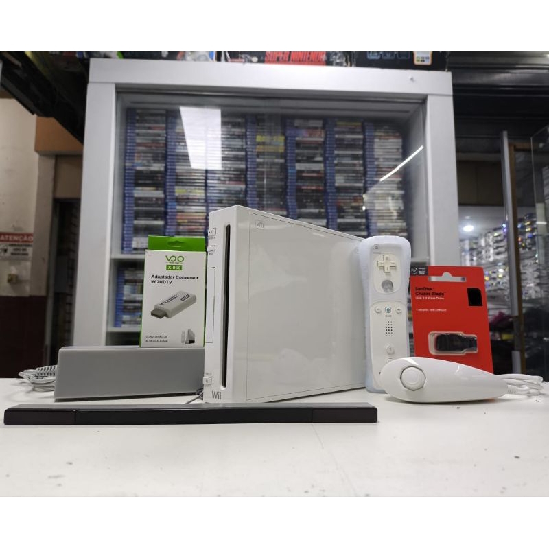 Nintendo Wii Completo (Preto e/ou Branco) Com Caixa + Pendrive 64GB com 40 Jogos + Conversor HDMI
