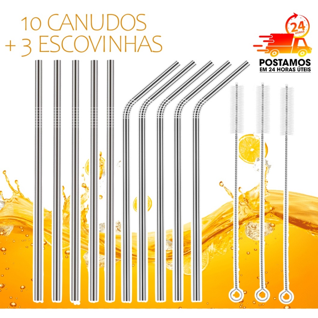 Kit 10 Canudos + 3 Escovinhas para limpeza Aço Inox Lavavel Reutilizavel 5 retos e 5 curvados 21 cm