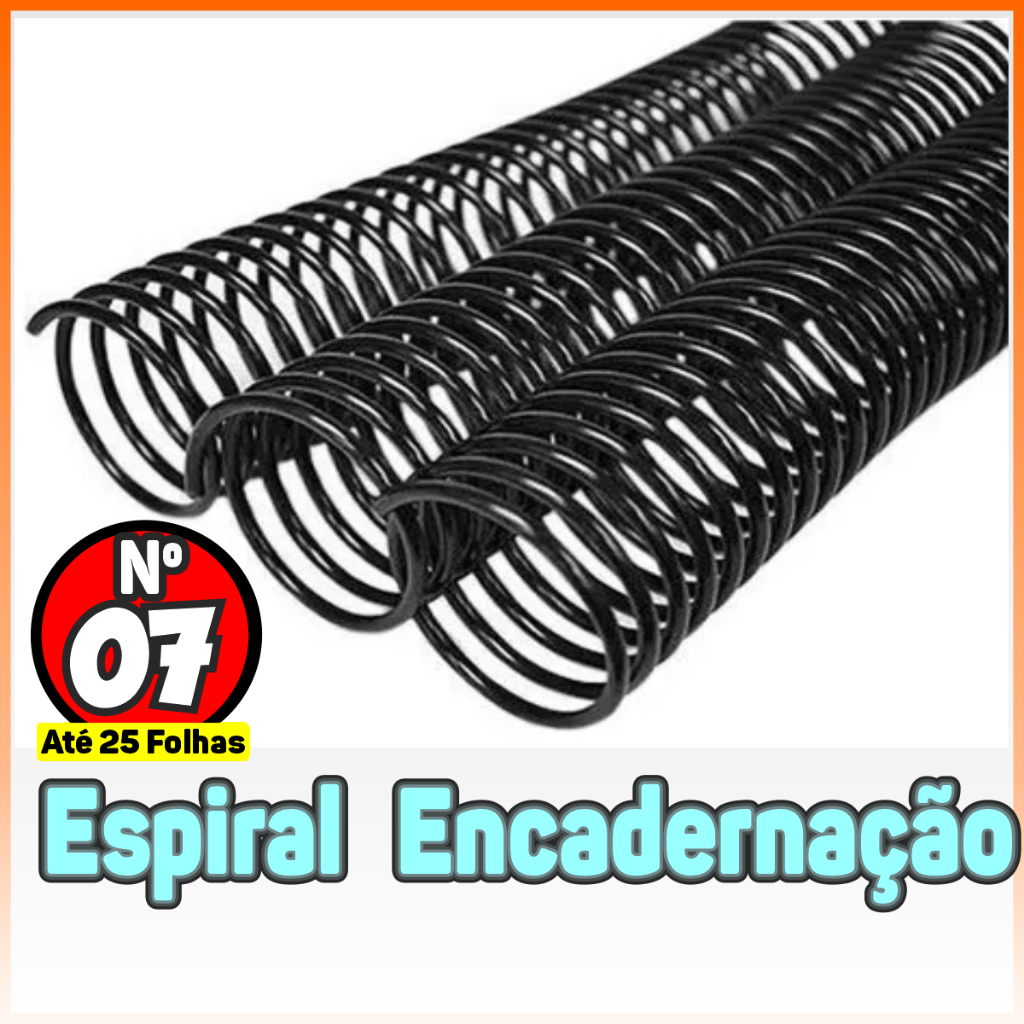 Espiral para Encadernação Preto 7, 9, 12, 14, 17, 20, 23, 25, 29, 33 e 40 milímetros.