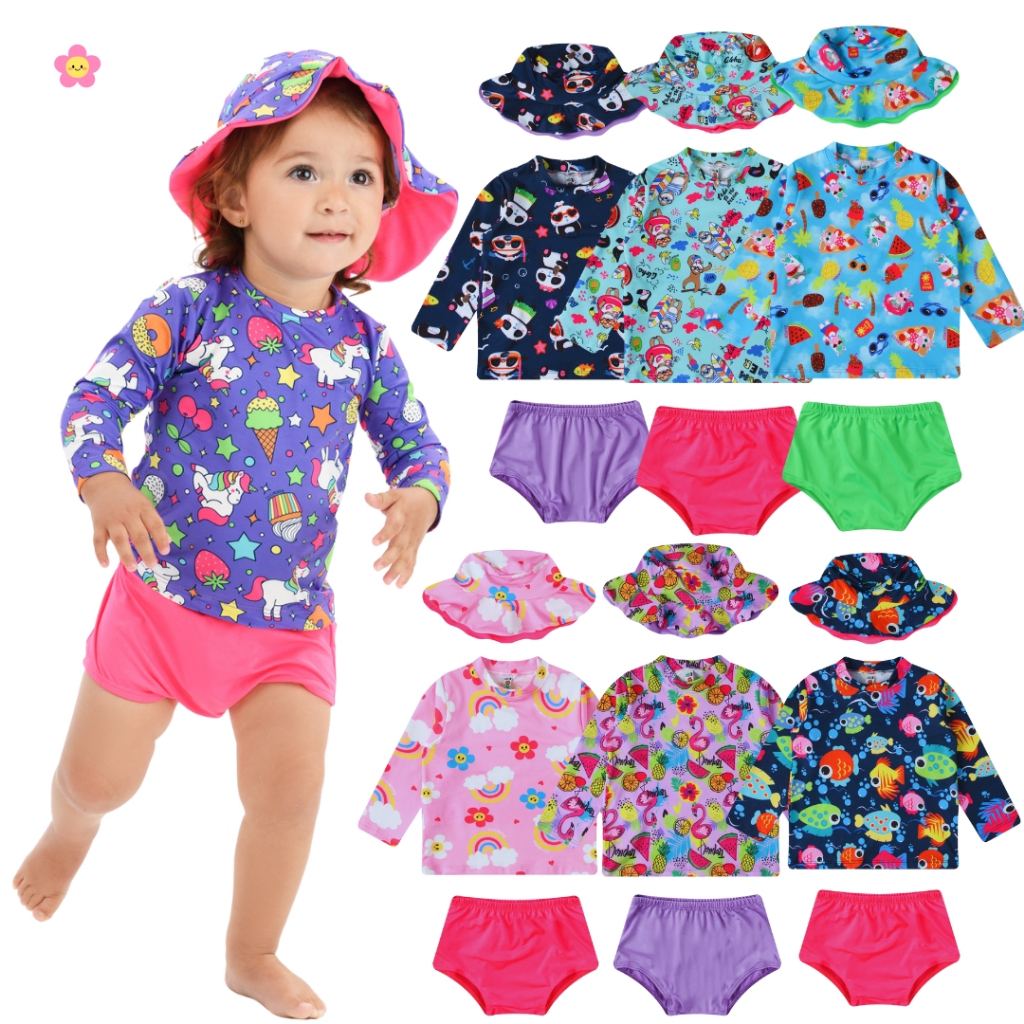 Kit Lote Blusa Proteção Solar Tapa Fralda Chapéu Bebê Infantil Moda Praia Meninas – Biquíni Infantil