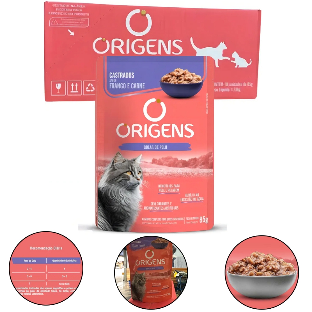 Kit 18 Saches Para Gatos Castrados Sabor Frango e Carne 85G Origens