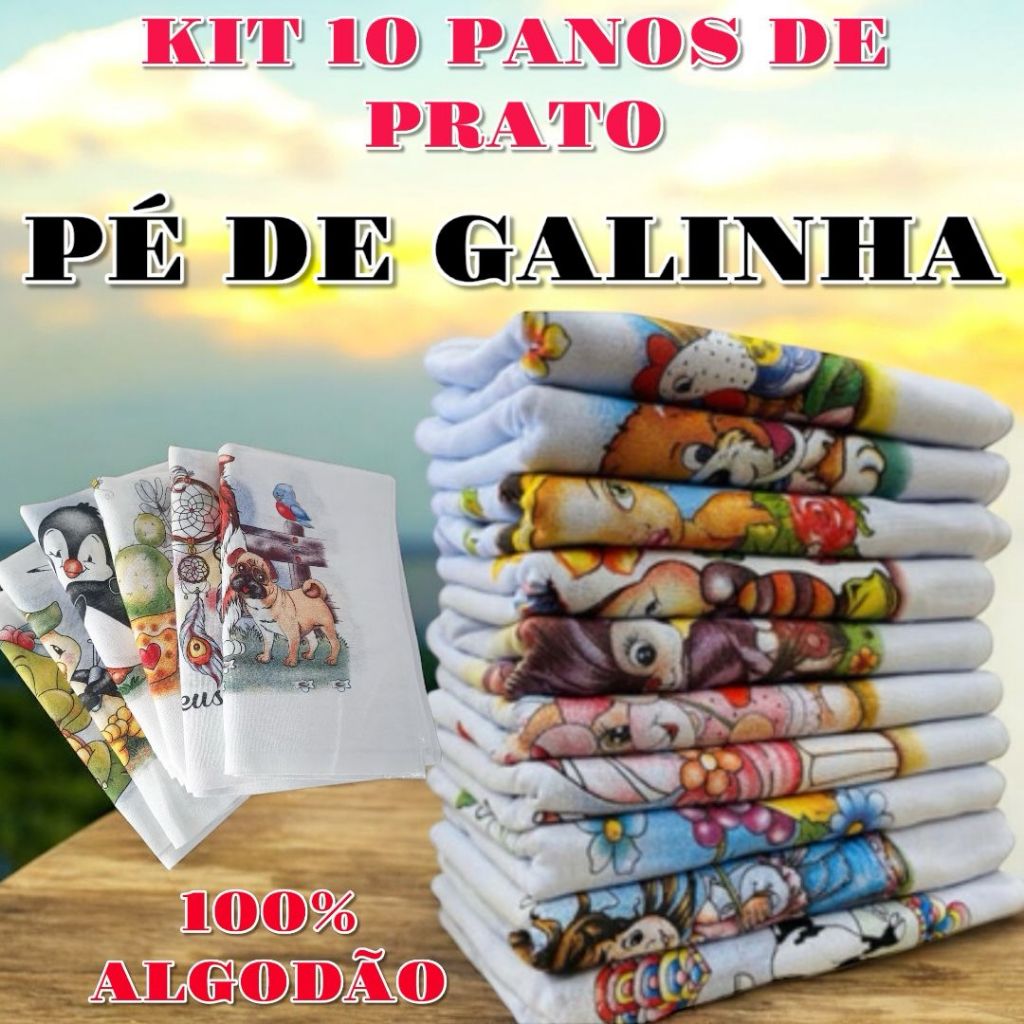 Kit 10 Panos de Prato Pé de Galinha Grande 100% Algodão Alta Absorção e Estampas Sortidas