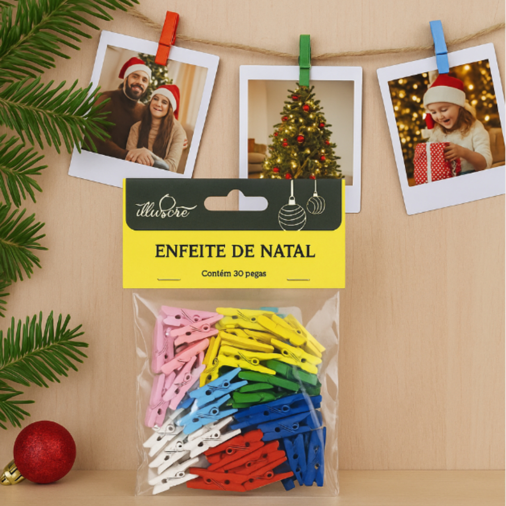 Kit 30 Mini Prendedores Coloridos de Madeira para Decoração de Natal Pendurar Fotos Artesanato Decor